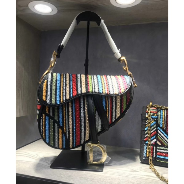 Christian Dior Muticolor Striped Embroidered Saddle Bag Green