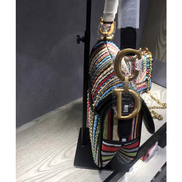 Christian Dior Muticolor Striped Embroidered Saddle Bag Green