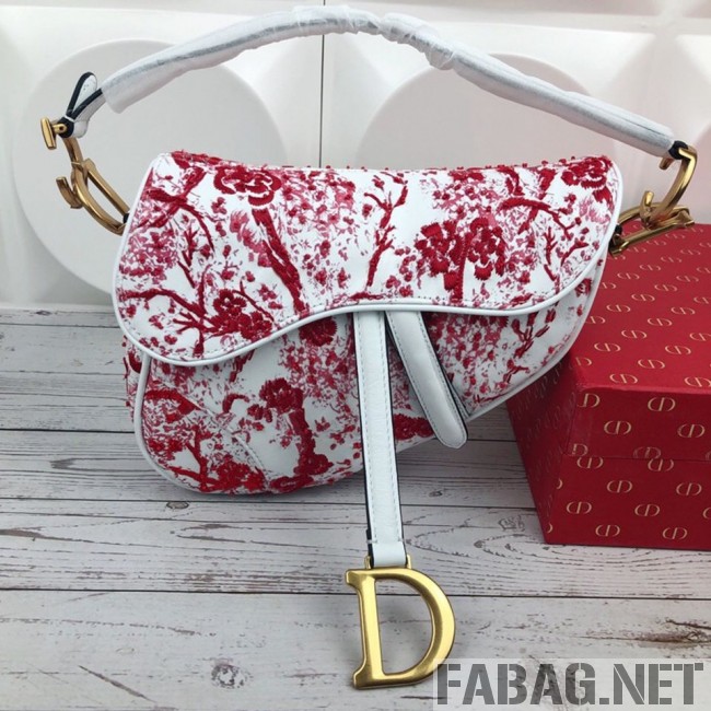 Dior Saddle in Flower Bead Embroidered Bag Red 2019 (XYD-9031523 )