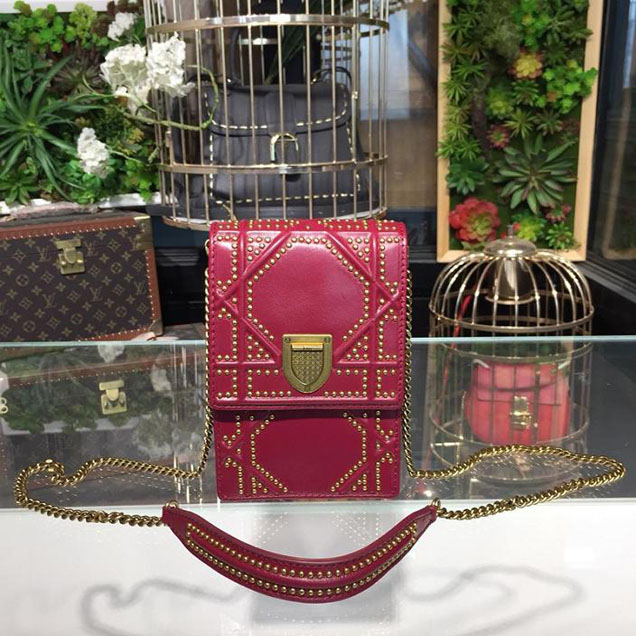 Christian Dior Studded Diorama Cannage Stitched Phone Purse Lambskin Leather Fall Winter 2017 Collection Burgundy