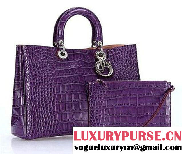 Dior Large Diorissimo Bag Croco Leather Purple