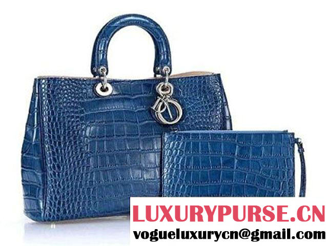 Dior Large Diorissimo Bag Croco Leather Blue