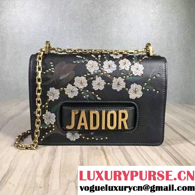 Dior J'ADIOR Flap Bag With Chain In Black Studded and Painted Flowers Calfskin 2017 (2A055-7060725 )