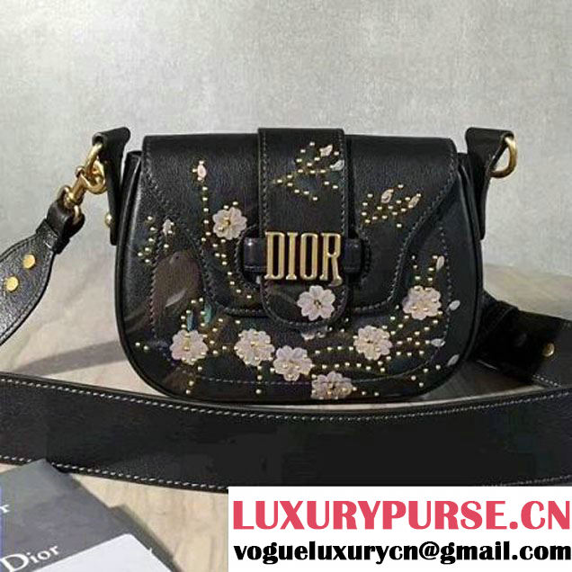 Dior D-Fence Saddle Bag in Black Studded and Painted Flowers Calfskin Jardin Japonais Collection 2017 (2A055-7060731 )