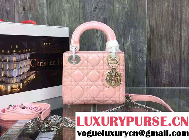 Lady Dior Small Bag with Adjustable Strap in Patent Leather Pink Silver 2015