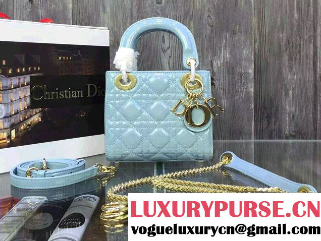 Lady Dior Small Bag with Adjustable Strap in Patent Leather Cyan Gold 2015