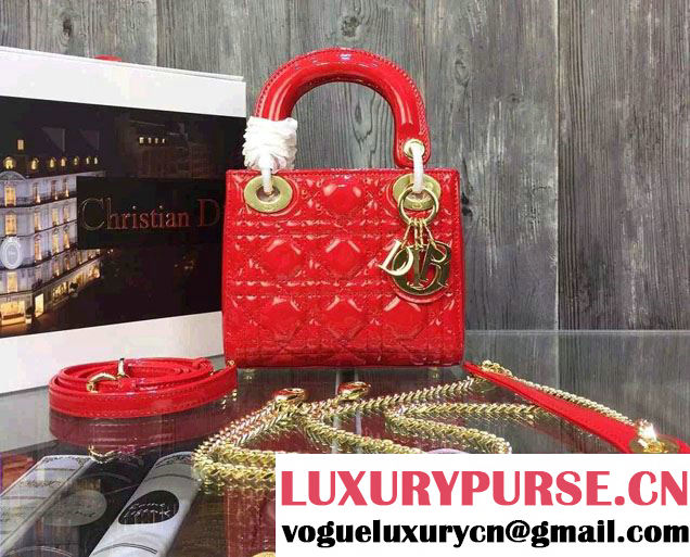 Lady Dior Small Bag with Adjustable Strap in Patent Leather Red Gold 2015