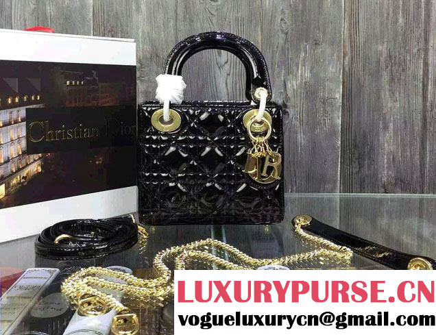 Lady Dior Small Bag with Adjustable Strap in Patent Leather Black Gold 2015