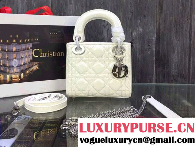 Lady Dior Small Bag with Adjustable Strap in Patent Leather White Silver 2015