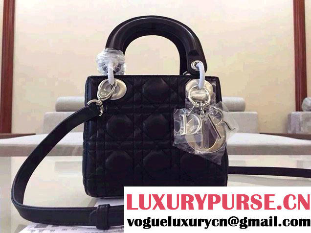 Lady Dior Small Bag with Adjustable Strap in Lambskin Leather Black Silver 2015