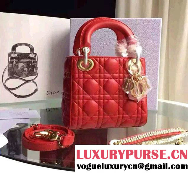 Lady Dior Small Bag with Adjustable Strap in Lambskin Leather Red Gold 2015