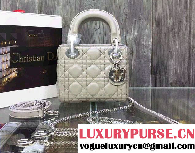 Lady Dior Small Bag with Adjustable Strap in Lambskin Leather Gray Silver 2015