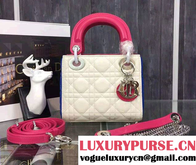 Lady Dior Small Bag with Adjustable Strap in Lambskin Leather White/Fuchsia/Blue 2015