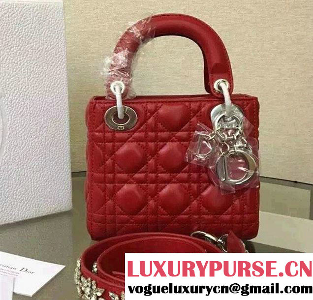 Lady Dior Sheepskin Mini Bag Red with Crystal Chain 2016