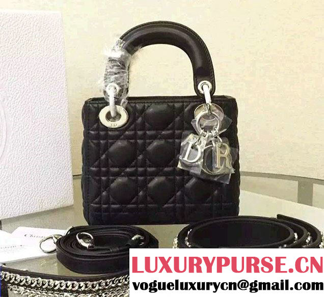 Lady Dior Sheepskin Mini Bag Black with Crystal Chain 2016