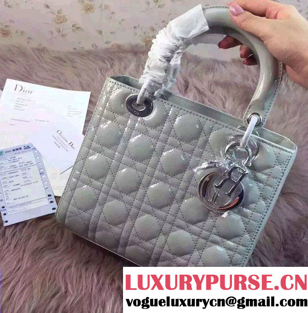 Lady Dior Medium Bag in Patent Leather Pale Blue With Silver Hardware