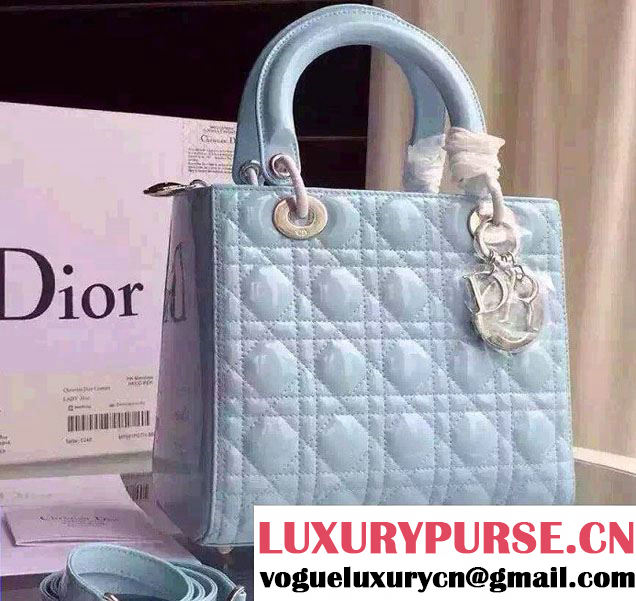 Lady Dior Medium Bag in Patent Leather Sky Blue With Silver Hardware