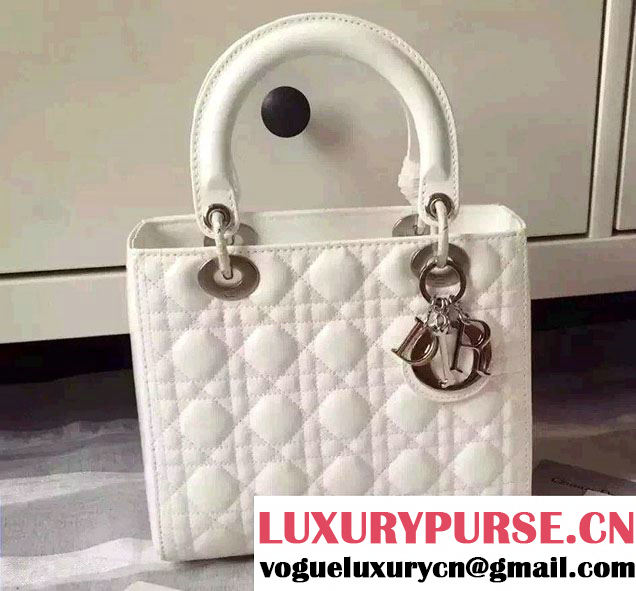 Lady Dior Medium Bag in Patent Leather White With Silver Hardware