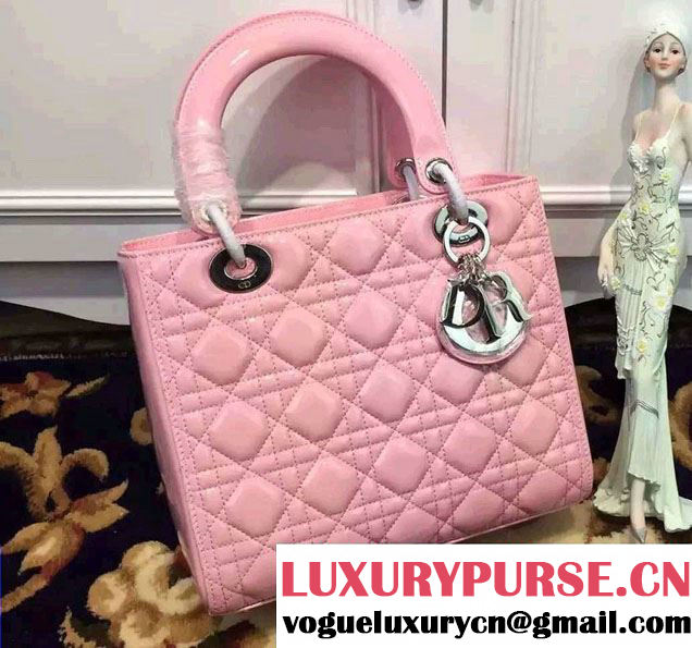 Lady Dior Medium Bag in Patent Leather Pink With Silver Hardware