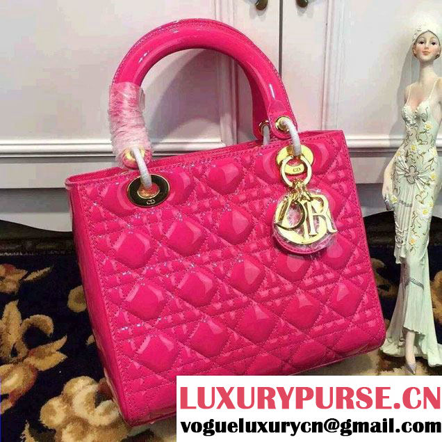 Lady Dior Medium Bag in Patent Leather Fushia With Gold Hardware