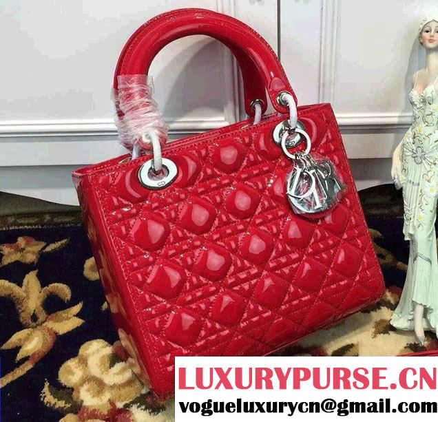 Lady Dior Medium Bag in Patent Leather Red With Silver Hardware