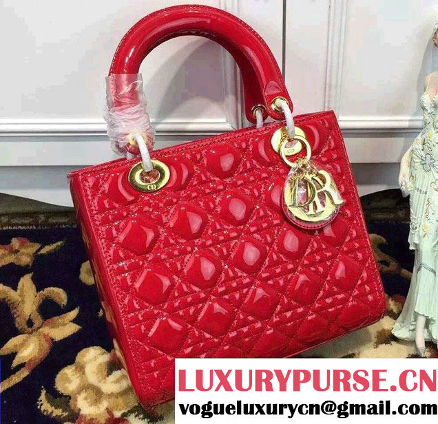 Lady Dior Medium Bag in Patent Leather Red With Gold Hardware