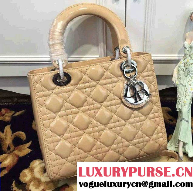 Lady Dior Medium Bag in Patent Leather Apricot With Silver Hardware