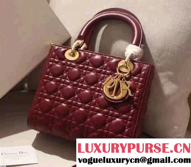 Lady Dior Medium Bag in Sheepsin Leather Dark Red With Gold Hardware