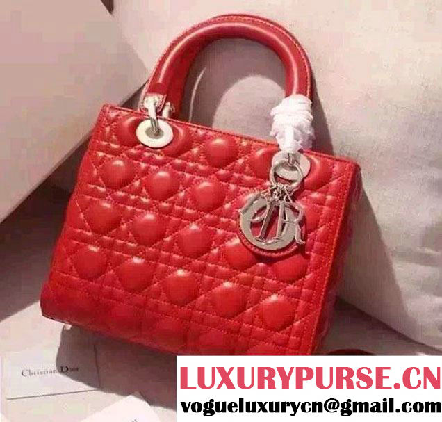 Lady Dior Medium Bag in Sheepsin Leather Red With Silver Hardware