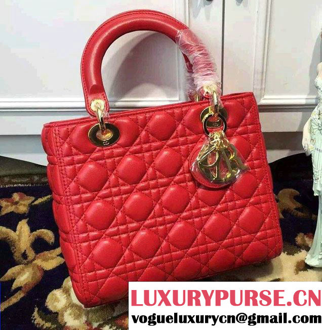 Lady Dior Medium Bag in Sheepsin Leather Red With Gold Hardware