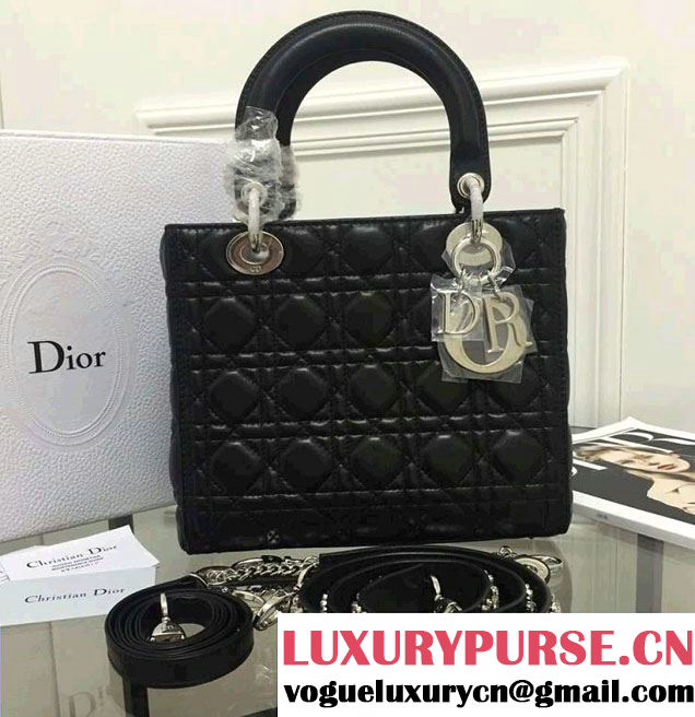 Lady Dior Sheepskin Medium Bag Black/Silver with Embroidered Crystal Chain Shoulder Strap 2016