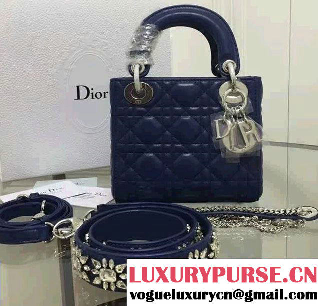 Lady Dior Sheepskin Mini Bag Royal Blue with Embroidered Crystal Chain Shoulder Strap 2016