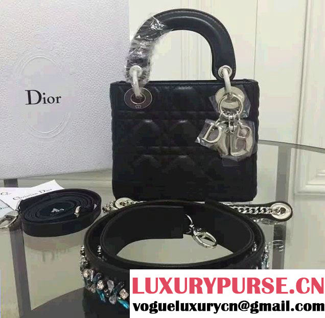 Lady Dior Sheepskin Mini Bag Black/Multicolor with Embroidered Crystal Chain Shoulder Strap 2016