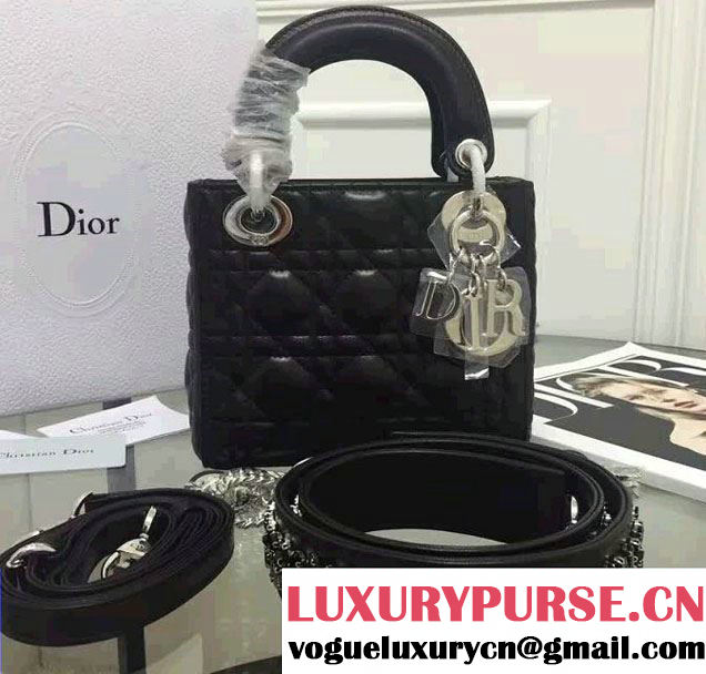 Lady Dior Sheepskin Mini Bag So Black with Embroidered Crystal Chain Shoulder Strap 2016