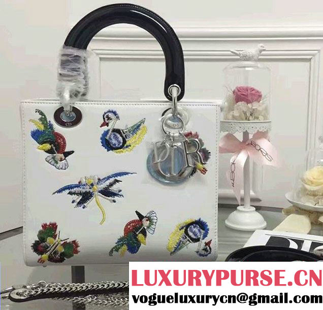 Lady Dior Calfskin Embroidered with Animals Medium Bag White Fall 2016