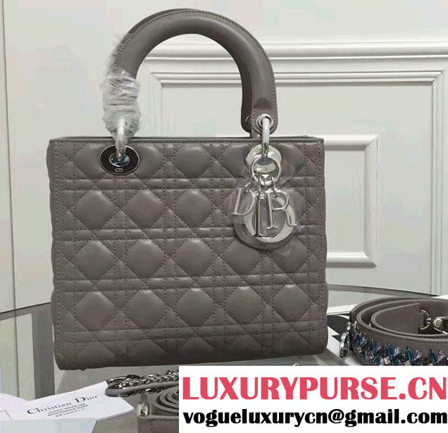 Lady Dior Sheepskin Medium Bag Gray with Embroidered Crystal Chain Shoulder Strap 2016