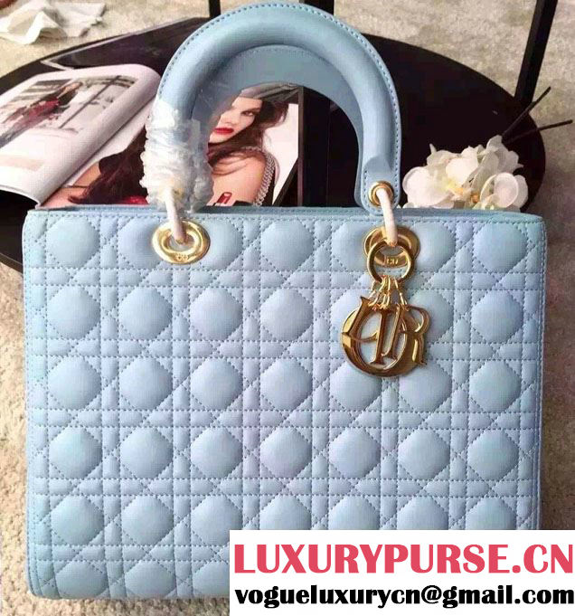 Lady Dior Large Bag in Lambskin Leather Light Blue/Gold