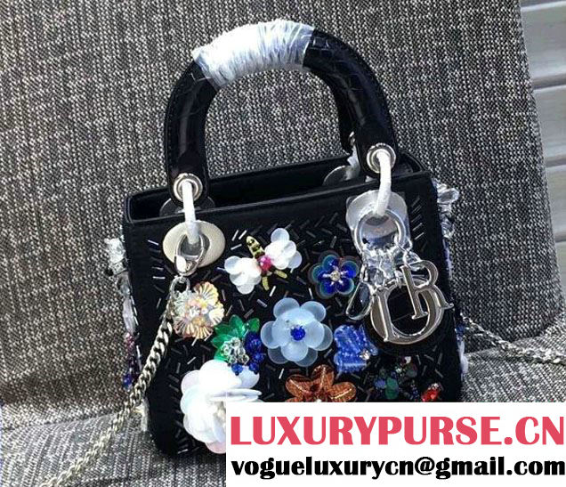 Lady Dior Sequins Embellished with Flowers Mini Bag Black 2016