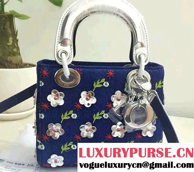 Lady Dior Embroidered with Flowers Mini Bag Denim 2016