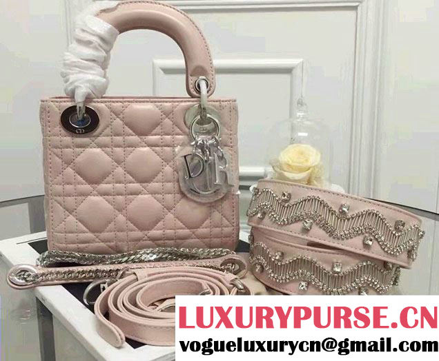 Lady Dior Lambskin Mini Bag Nude Pink With Embroidered Crystals Strap Winter 2016