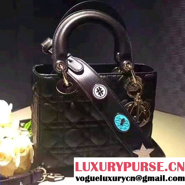 Lady Dior Lambskin Bag Black/Gold With Embroidered Lucky Badges Strap Cruise 2017