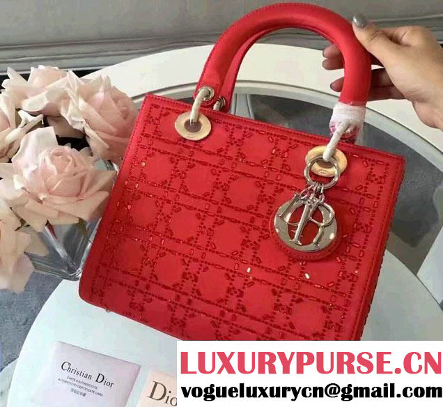 Lady Dior Medium Bag with Crystal Embellishments Red 2017