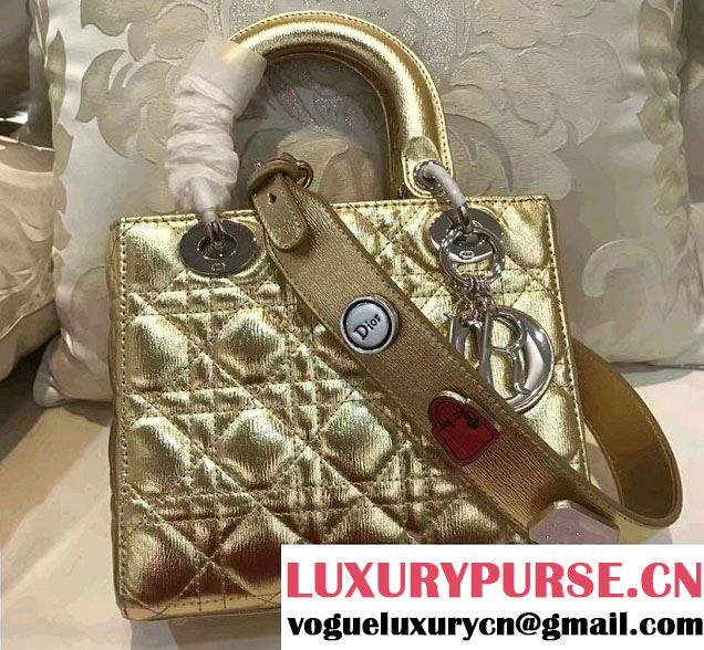 Lady Dior Lambskin Bag Gold With Embroidered Lucky Badges Strap Cruise 2017