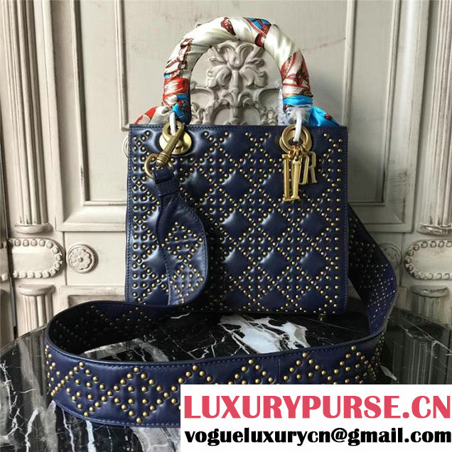 Christian Dior Supple Lady Dior Studded Tote Bag 24cm Gold Hardware Cannage Lambskin Leather Fall Winter 2017 Collection Navy Blue