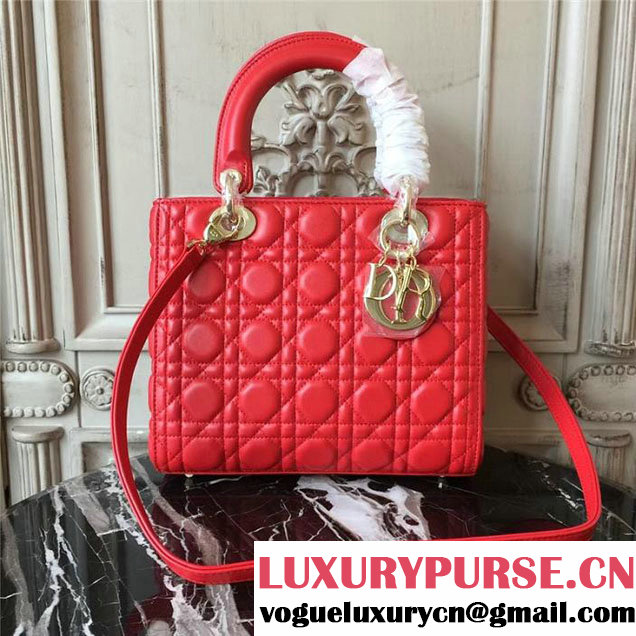 Christian Dior Lady Dior Bag 24cm Gold Hardware Cannage Supple Lambskin Leather Cruise 2017 Collection Bright Red