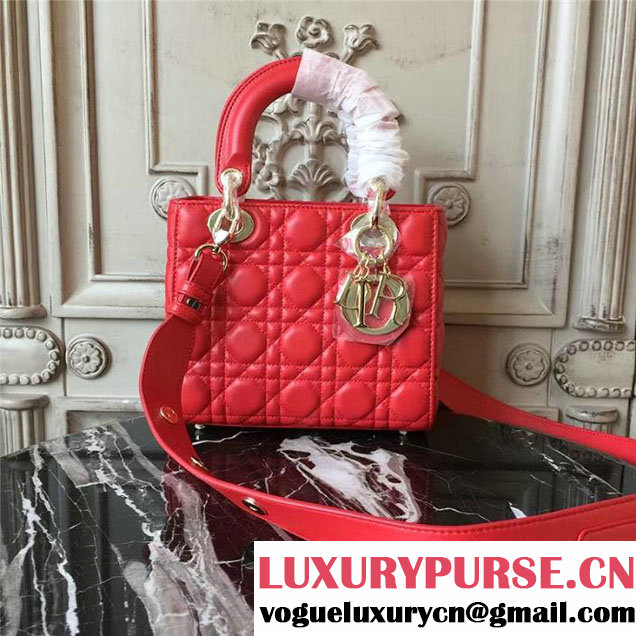 Christian Dior My Lady Dior Bag with Lucky Badges 20cm Gold Hardware Cannage Supple Lambskin Leather Cruise 2017 Collection Bright Red