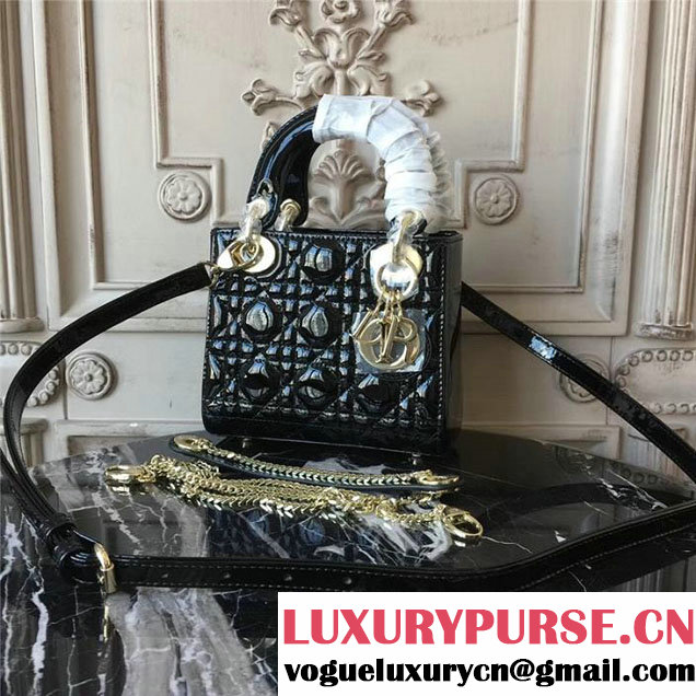 Christian Dior Lady Dior Bag with Chain 18cm Gold Hardware Cannage Patent Lambskin Leather Fall Winter 2017 Collection Black