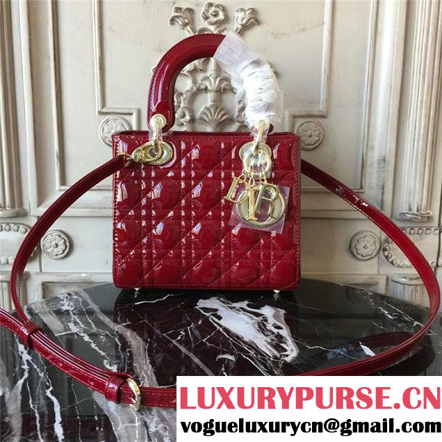 Christian Dior My Lady Dior Bag with Lucky Badges 20cm Gold Hardware Cannage Patent Lambskin Leather Fall Winter 2017 Collection Burgundy Red