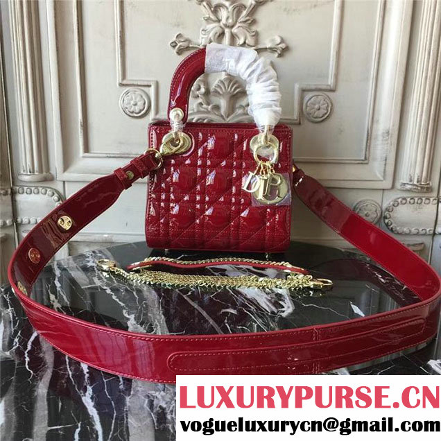 Christian Dior Lady Dior Bag with Chain 18cm Gold Hardware Cannage Patent Lambskin Leather Fall Winter 2017 Collection Burgundy Red