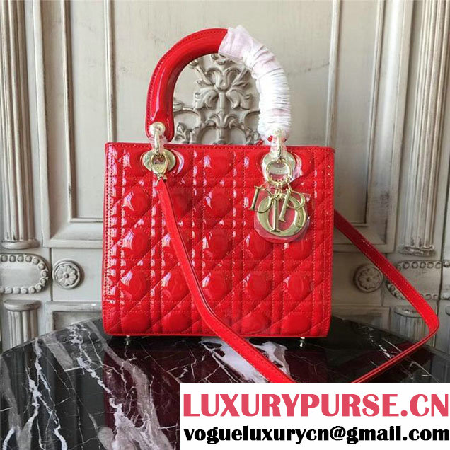 Christian Dior Lady Dior Bag 24cm Gold Hardware Cannage Patent Lambskin Leather Fall Winter 2017 Collection Red